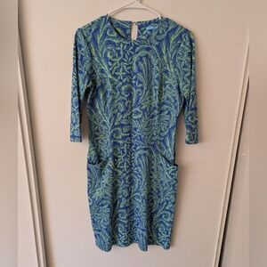 J. McLaughlin Womens Small Tropical Print Dress Green Blue Vacation Resortwear
